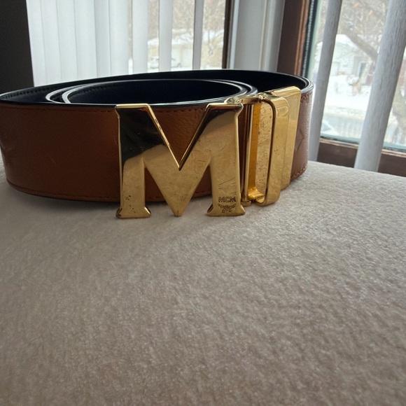 MCM Tan Leather Belt with Gold Buckle
